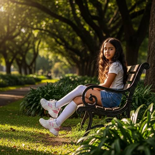 Hispanic Girl in Verdent Park with Stylish Shoes Sitting on Bench
