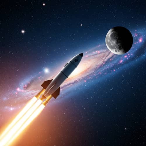 Futuristic Space Exploration Illustration with Rocket Blasting Off