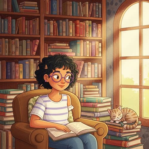 Hispanic Girl with Short Black Hair in Library