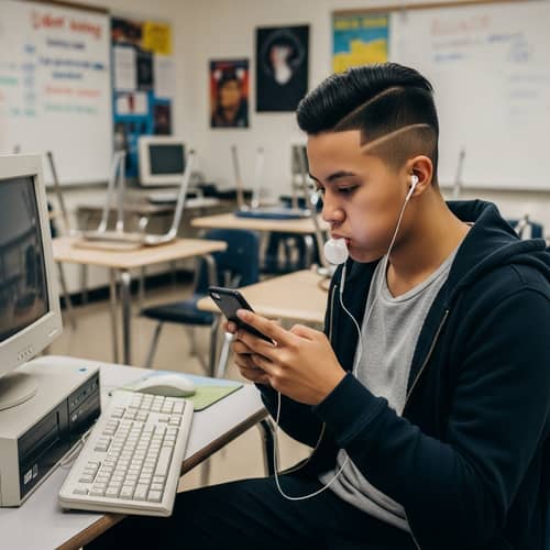 Jimy with Black Hair and Airpods Holding iPhone in Classroom