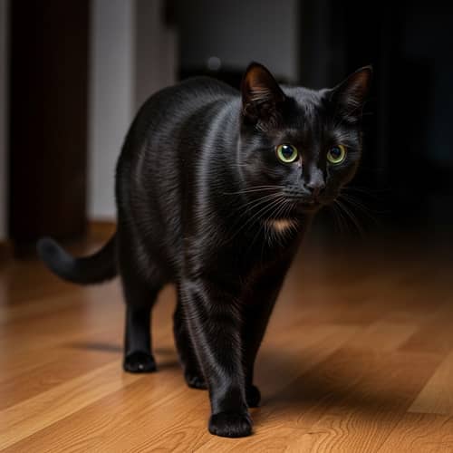 Sleek Black Cat with Hypnotic Green Eyes Prowling Gracefully