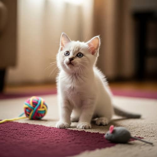 Adorable White Kitten on Burgundy Rug | Playful & Cute