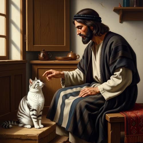 Renaissance Style Oil Painting of Middle Eastern Man with Cat