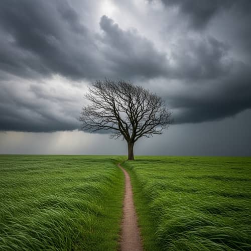 Solitary Tree in Open Field Under Stormy Sky