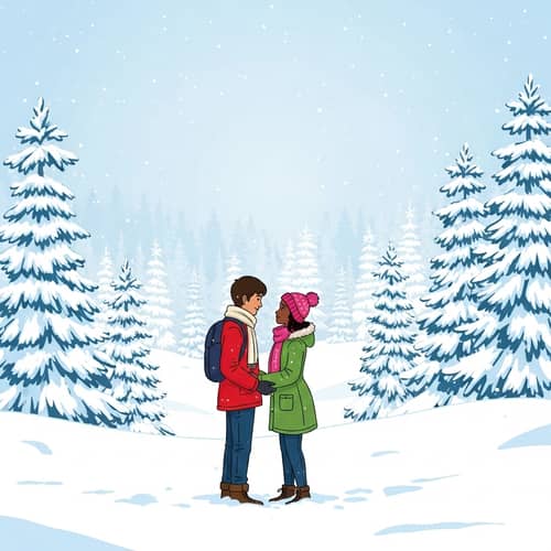 Romantic Winter Scene: Middle-Eastern Man and African Woman in Love