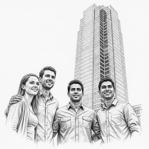 Detailed Graphite Pencil Sketch of Three Friends Admiring Architectural Beauty