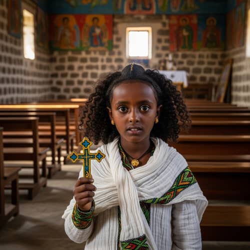 Ethiopian Orthodox Girl in Traditional Attire | Religious Symbol