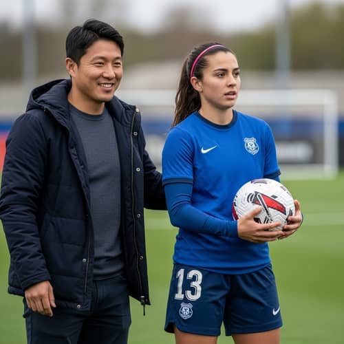 Supportive Asian Man with Female Hispanic Footballer | Sports Energy