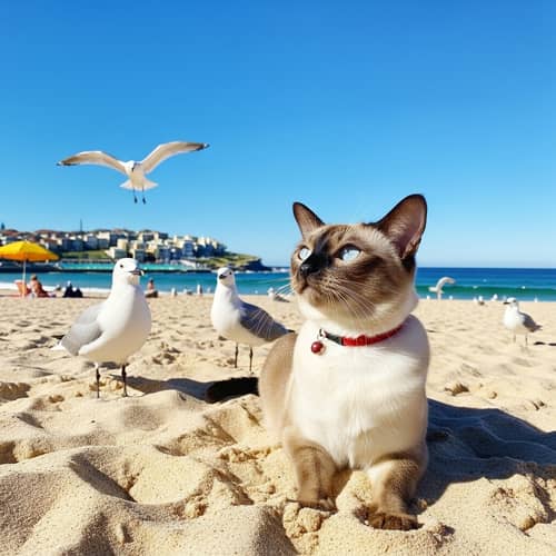 Tonkinese Cat Relaxing on Bondi Beach with Aqua-Blue Eyes