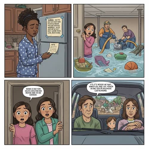 Aftermath of a Flood: Four-Panel Comic Strip Illustration