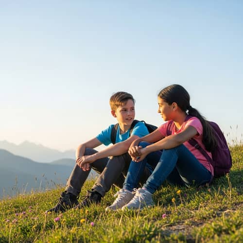 Childhood Friendship on Mountain Slope - Heartwarming Scene