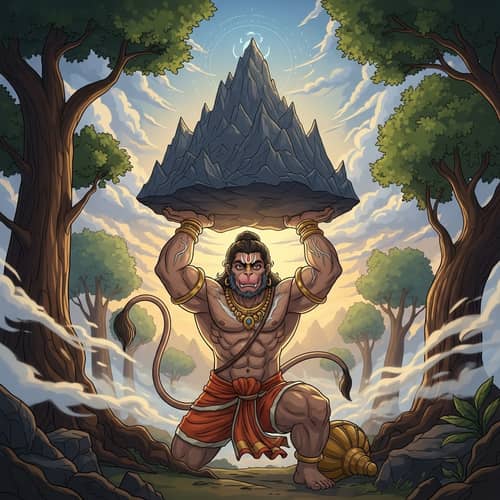 Hanuman ji Lifting Mountain - Mythical Illustration