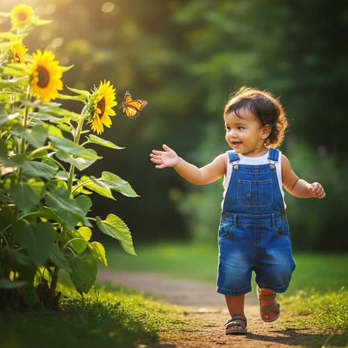 Joyful Child Playing in Lush Park | Sunflower Encounter