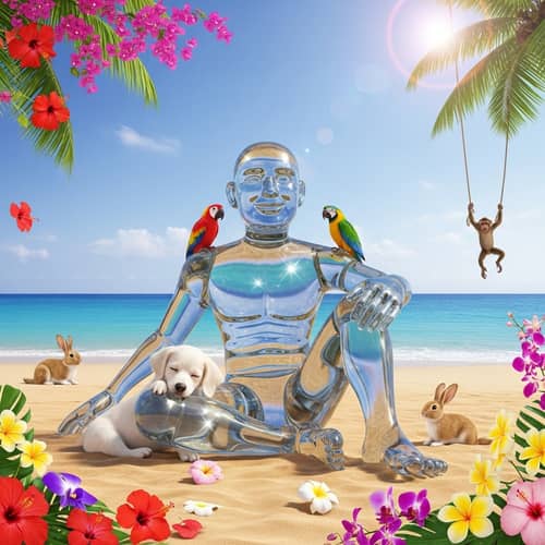 Glass Man Enjoying Beach with Flowers and Animals
