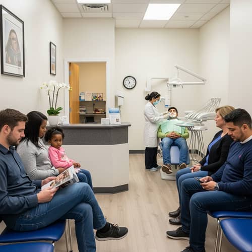 Multicultural Dental Clinic with Diverse Patients and Busy Dentist