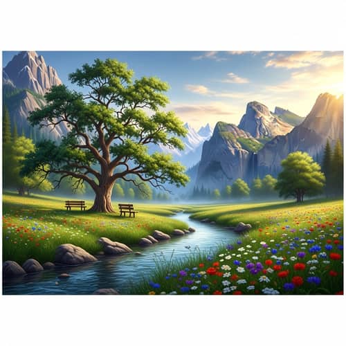 Tranquil Meadow with Majestic Oak Tree | Stunning Landscape View