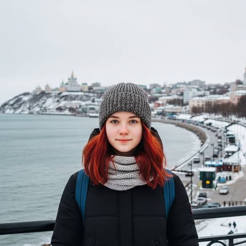 Red-Haired Teenage Girl in Winter Hat by Arkhangelsk Coast
