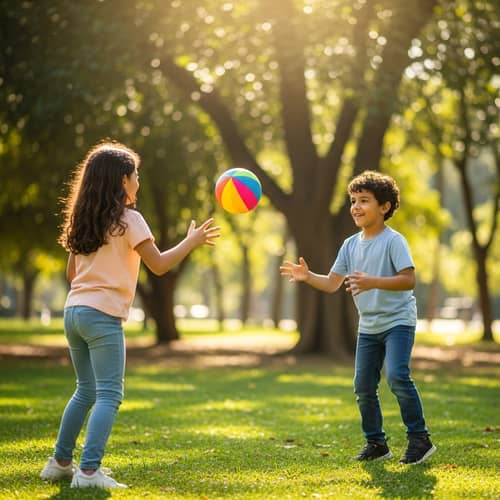 Joyful Kids Playing Catch in Colorful Park
