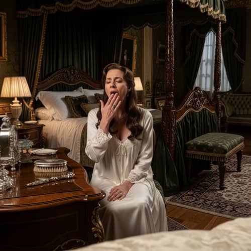 Regal Monarch Yawning: Evening Preparations in Luxurious Bedroom