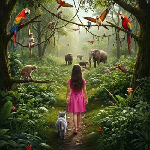 Realistic Jungle Scene with Girl and Cat - High-Resolution Photo