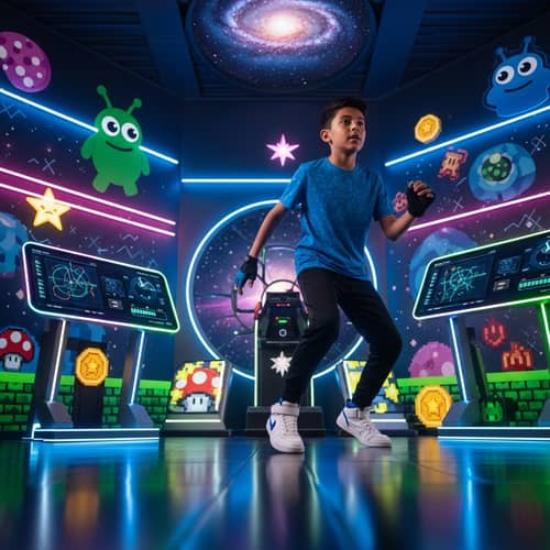 Hispanic Boy in Space-Inspired Gym with Gaming Vibe