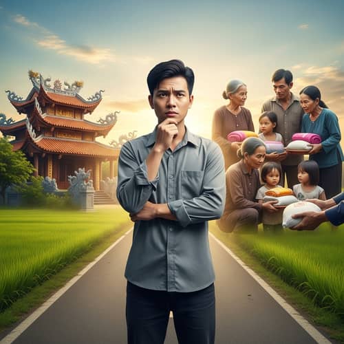 Vietnamese Young Man Contemplates Choices: Temple or Aid?