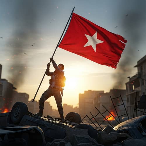 Fighter Raising Red Flag with White Star - Brave Symbol
