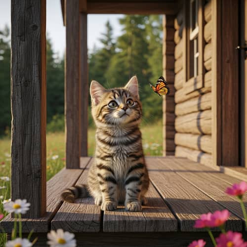 Fluffy Tabby Cat Observing Butterfly on Rustic Cabin Porch