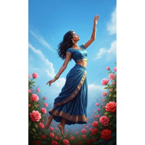 Surreal Portrait of South Asian Woman in Vibrant Rose Garden