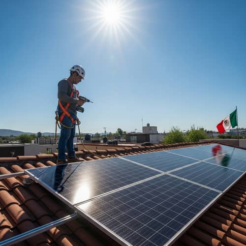 Hispanic Man Installing Solar Panels on House Rooftop in Mexico