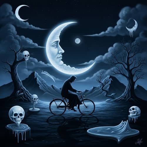 Surrealist Art of Grim Reaper Riding Bicycle | Enigmatic Scene