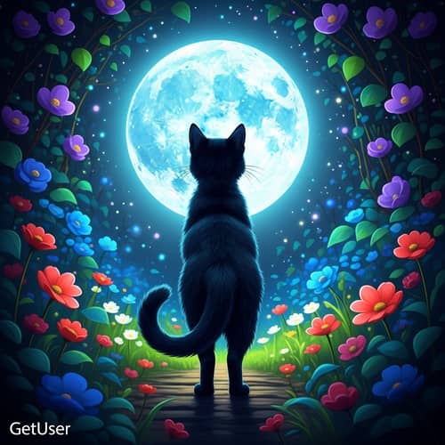 Ethereal Moonlit Garden with Enigmatic Black Cat