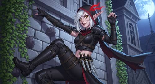 Half-Moon Elf Girl Climbing Building Illustration - Spider-like Agility