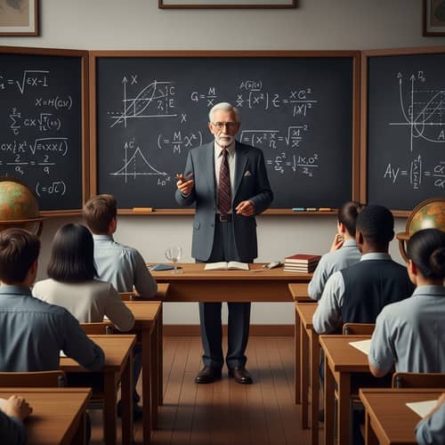 Genius Physicist Scholar Teaching Diverse Students in Vintage Lecture Hall