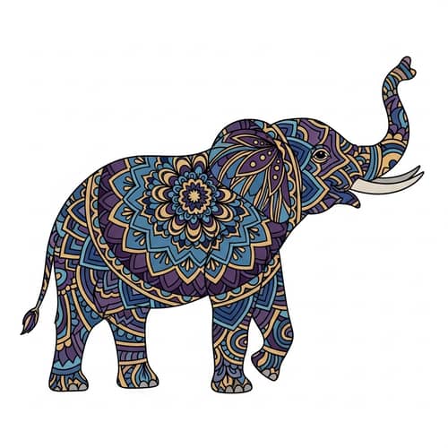 Intricate Mandala Elephant Design in Blues, Purples, and Golds
