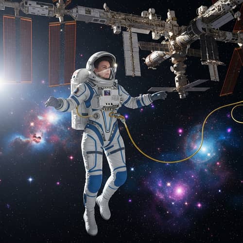 Female Astronaut Floating in Space - Stunning Space Station Scene