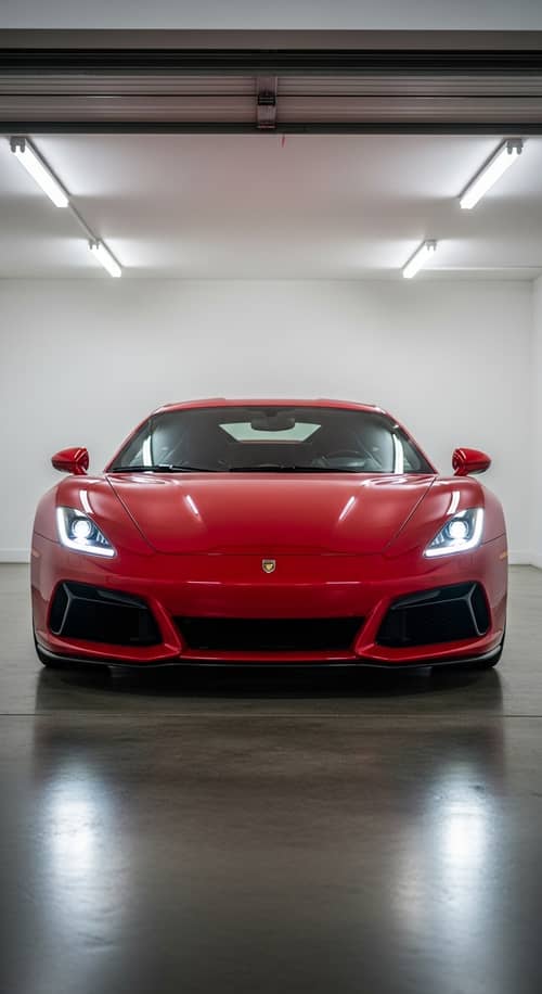 Sleek Red Ferrari: Luxury Sports Car Front View in Garage
