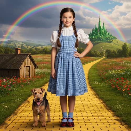 Young Girl in Rural Setting with Terrier Dog on Yellow Brick Road