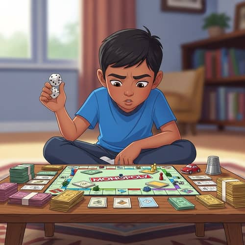 Young South Asian Boy Playing Monopoly with Dice