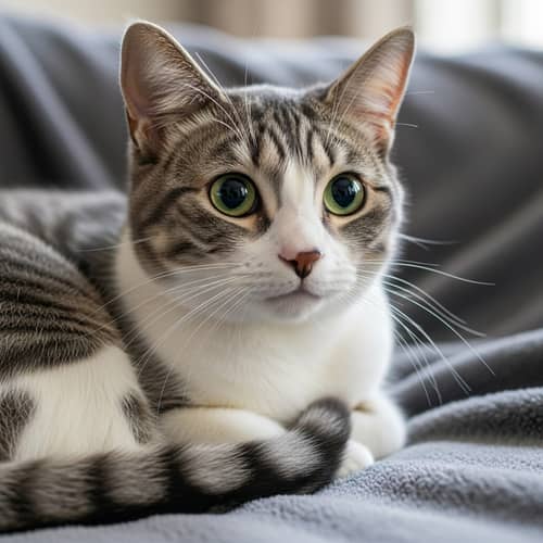 Curious Grey and White Domestic Cat Resting | Website Name