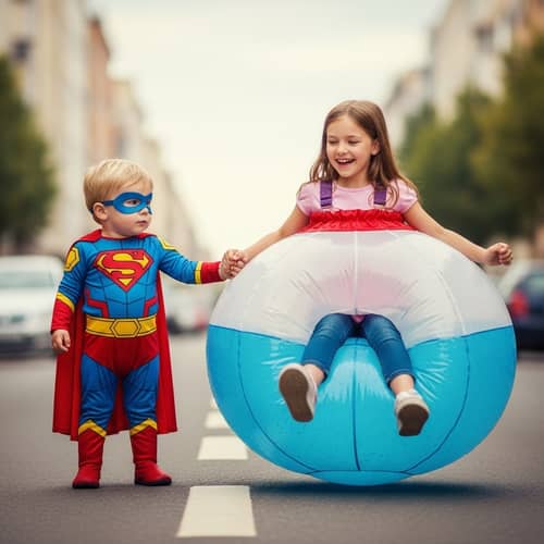 Superhero Toddler Holding Joyful Girl in Oversized Diaper