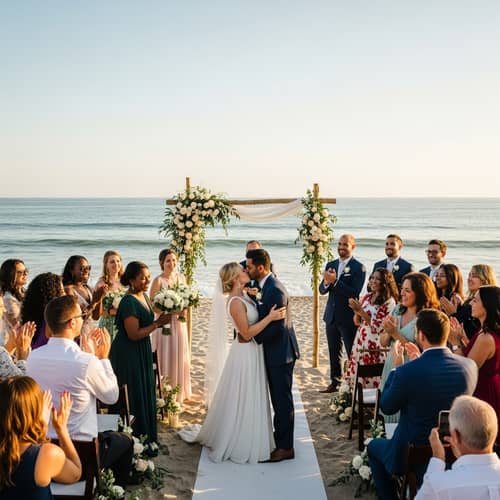 Diverse Beach Wedding Celebration | Multicultural Vows Sealed with a Kiss