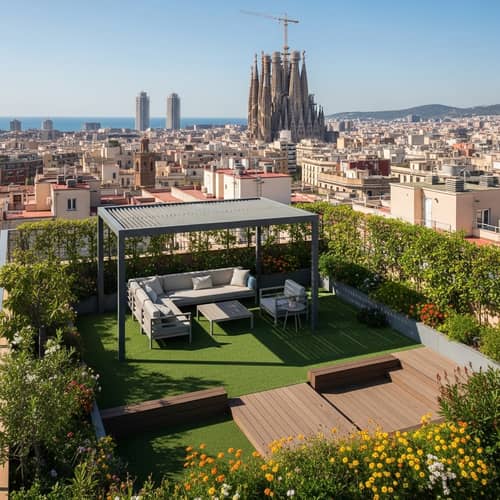 Rooftop Terrace with Synthetic Decking and Pergola | Cityscape View