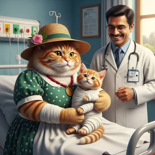 Ginger Cat and Kitten in Hospital Ward - Heartwarming Scene