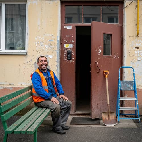 Khrushchyovka Entrance: Laborer Laughing Near Open Door