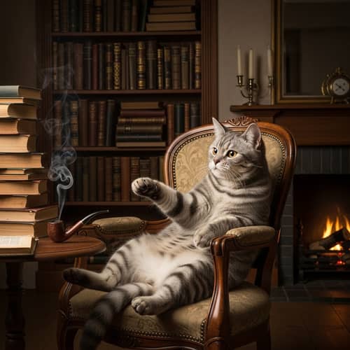 Grey Striped Cat Playfully Pawing at Smoking Pipe in Cozy Room