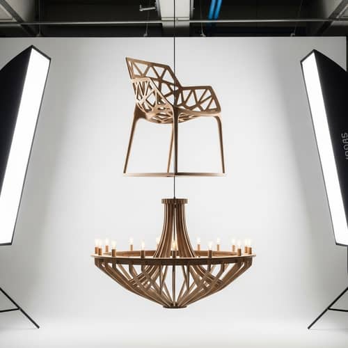 Parametric Wooden Chair and Designer Chandelier in Photography Studio