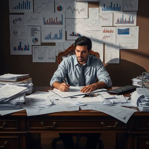 Stressed Hispanic Accountant Managing Unpaid Bills and Financial Analytics