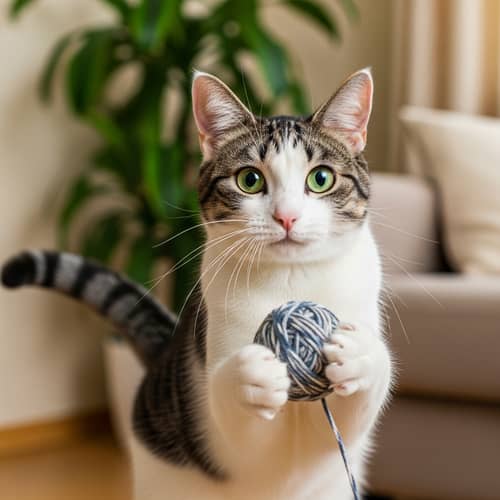 Playful Domestic Short-Haired Cat with Green Eyes | Cozy Living Room Scene