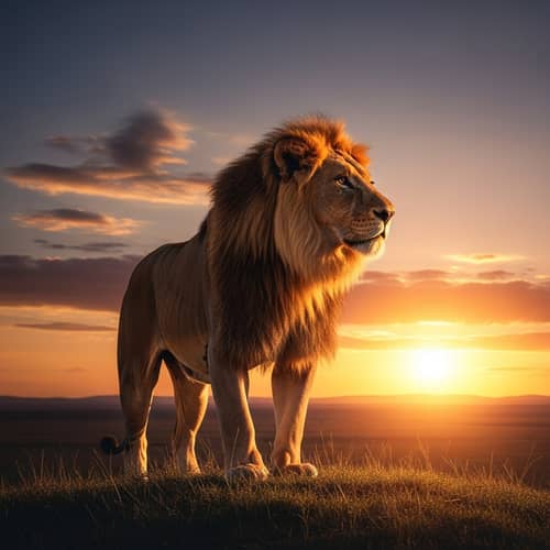 Majestic African Lion in Twilight Savanna - Wildlife Photography